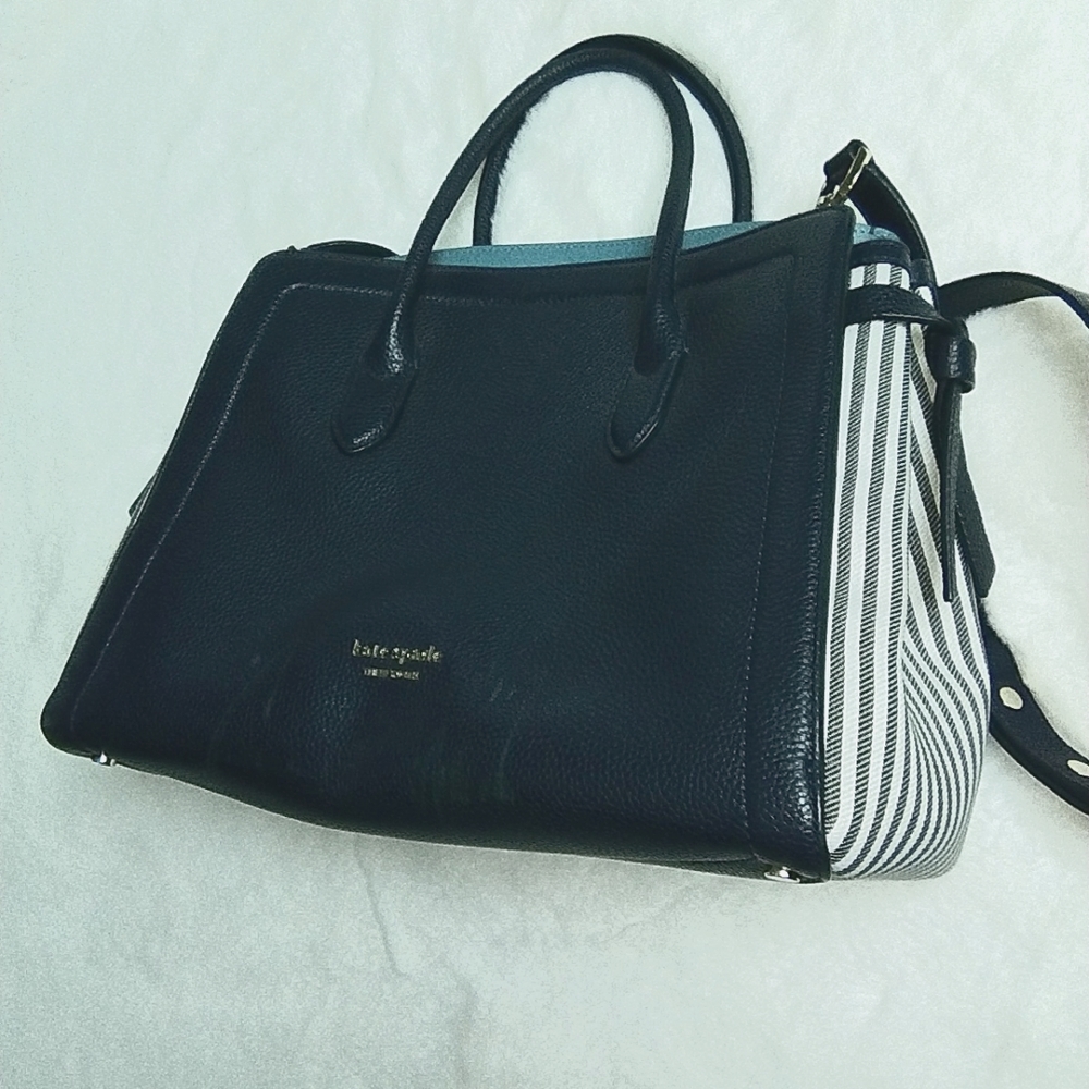 Kate Spade Knott Stripe Satchel Genuine Blue pebbled leather